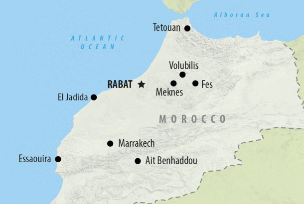  MAP SHOWING MOROCCO'S NINE UNESCO WORLD HERITAGE SITES