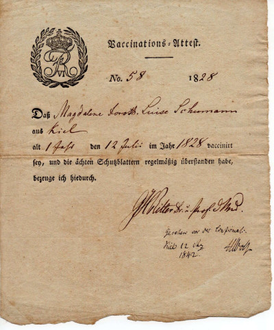 Vaccinations-Attest Schutzblattern 1828