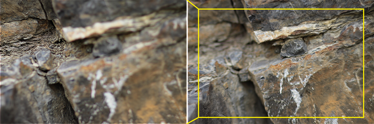 Different scaling and different sharp and non-sharp regions in images acquired by the classic camera positioned at dif-ferent distances from the 3D relief - the first (a) and the fourth (b) image of a series of eight images, limestone, locality Brno - Hady, Czech Republic