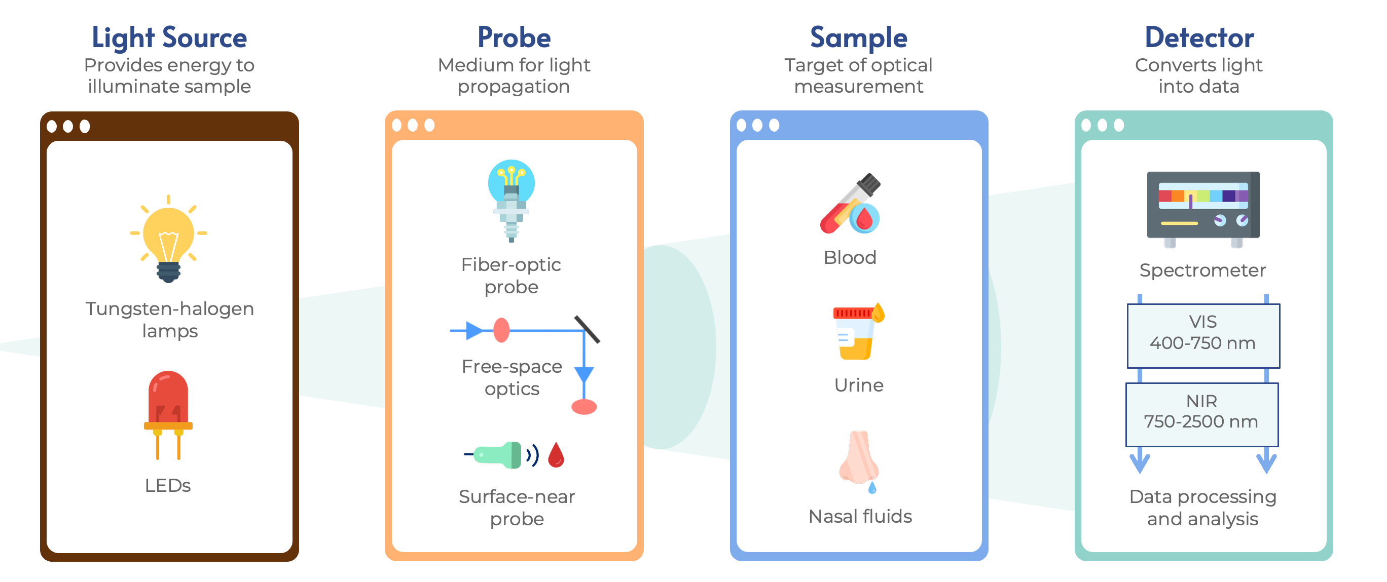 Figure 1. Overview of the Vis-NIR spectroscopy workflow: light emission (LEDs/Tungsten), propagation via probe, sample interaction (transmittance/reflectance), and final detection by the spectrometer.