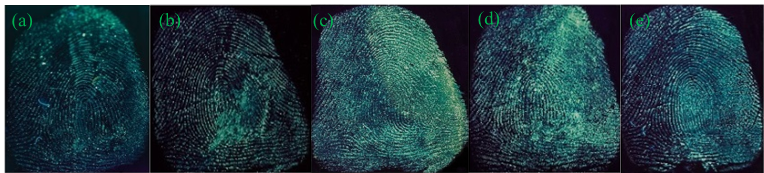 Figure 4. Fingermarks developed by G-CDs with different pH values. (a) pH = 6; (b) pH = 8; (c) pH = 9; (d) pH = 10; (e) pH = 12.