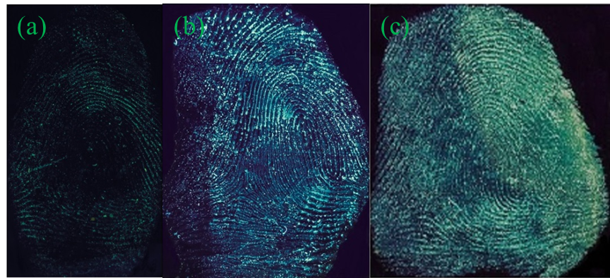 Figure 5. Fingermarks developed by G-CDs of various developing times. (a) 5 min; (b) 15 min;  (c) 30 min.