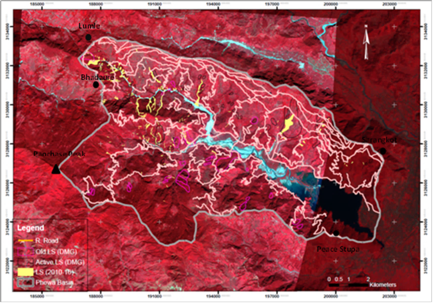 Inventory map (combined) rural roads, landslides (2013-16) and DMG 2002 [69], in the background false-color composite Rapid Eye image ( 5m x 5m) taken in 5 Oct 2015.