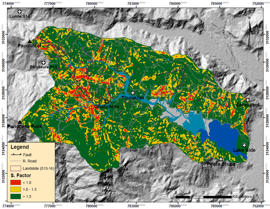 LSM of Phewa Lake watershed (scenario 1) indicting the rural roads, fault line and landslides inventory of 2013-2016.